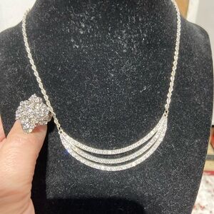 Silver Tone and Rhinestone Rope Chain Necklace and Ring Coordinating Set.